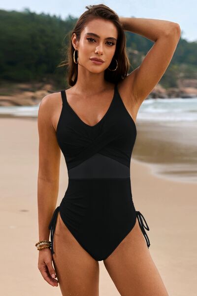 Drawstring Ruched V-Neck One-Piece Swimwear